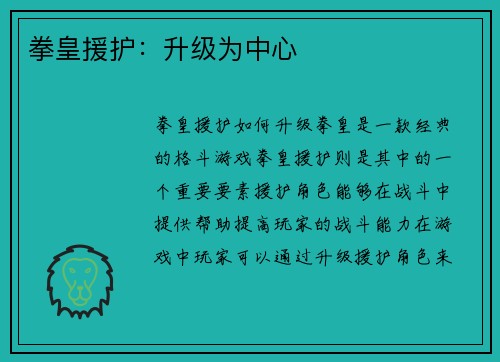 拳皇援护：升级为中心