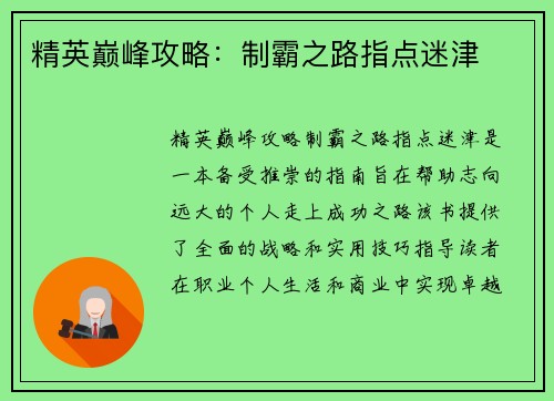 精英巅峰攻略：制霸之路指点迷津